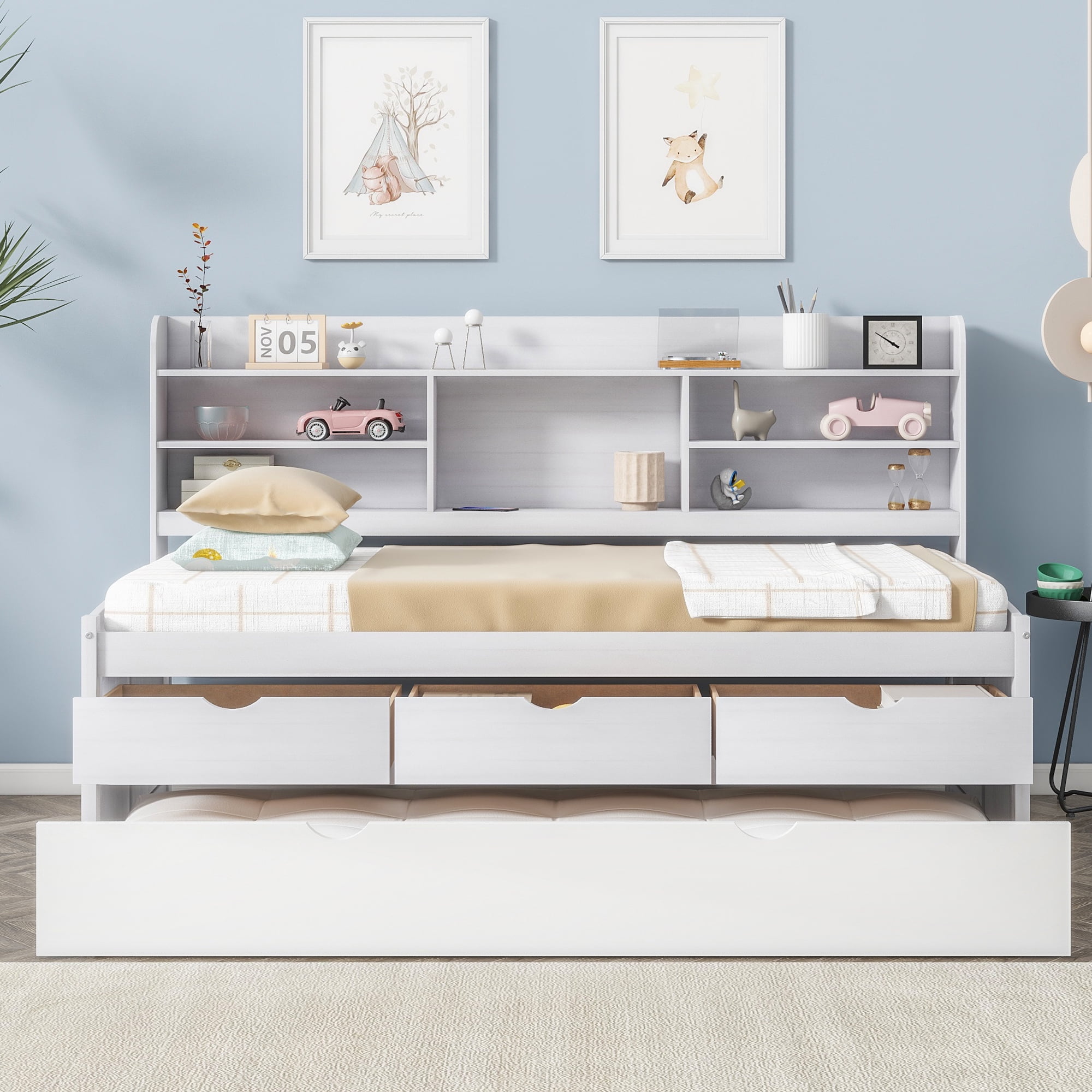 EUROCO Twin Size Captain Bed, Daybed with Trundle and Bookcase,Drawers and Shelf Platform Bed, White