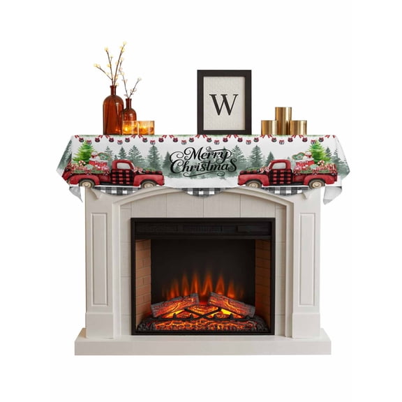 Christmas Red Truck Fireplace Mantle Scarf, Xmas Tree Snowman Winter Gifts Plaid Mantel Cover Table Runner for Home Living Room Door Window, Indoor Outdoor Holiday Party Decor 17" x 70"