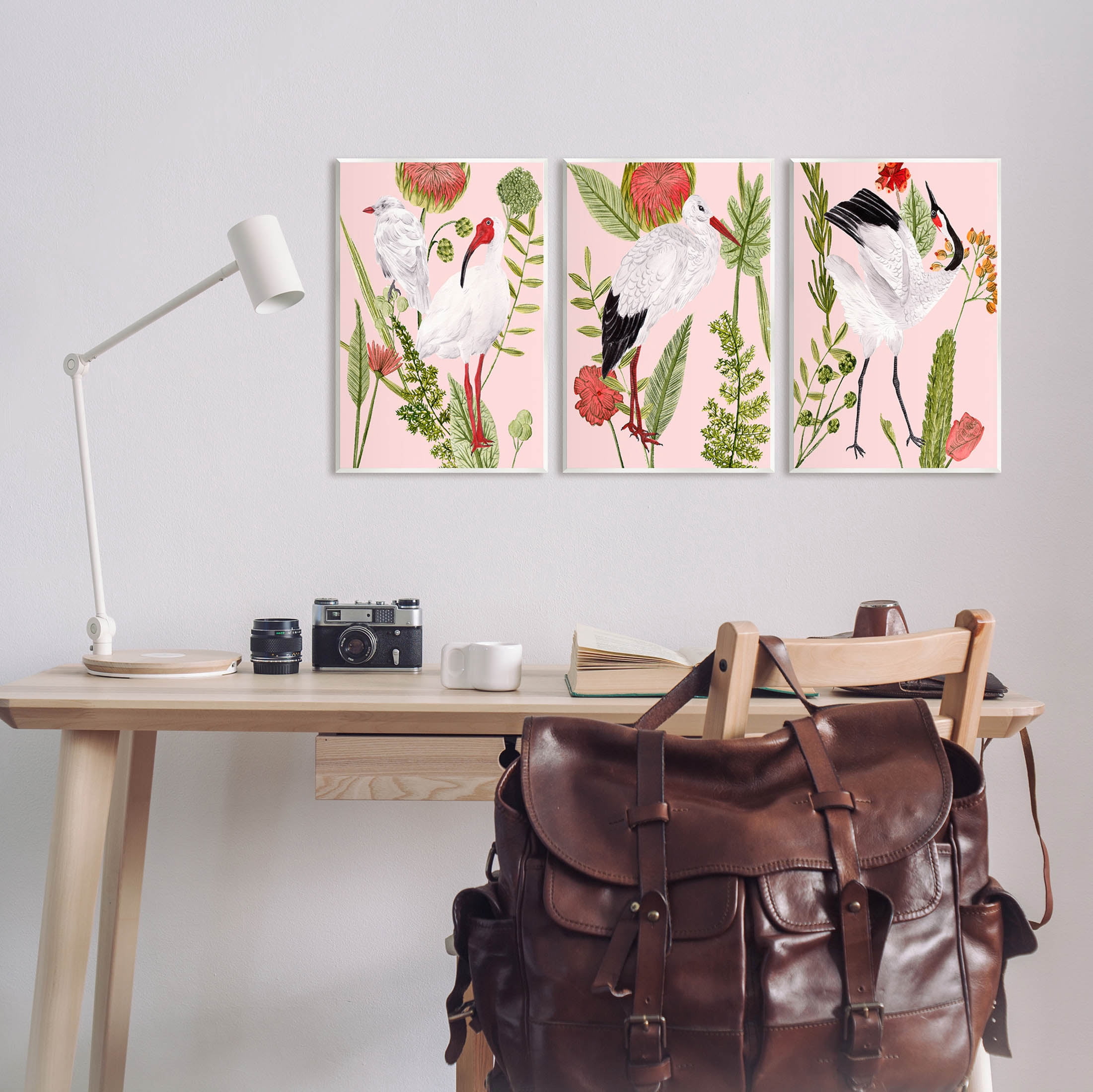 Stupell Industries Crane Bird Pink Botanicals Graphic Art Unframed Art Print Wall Art, Set of 3, Design by Melissa Wang