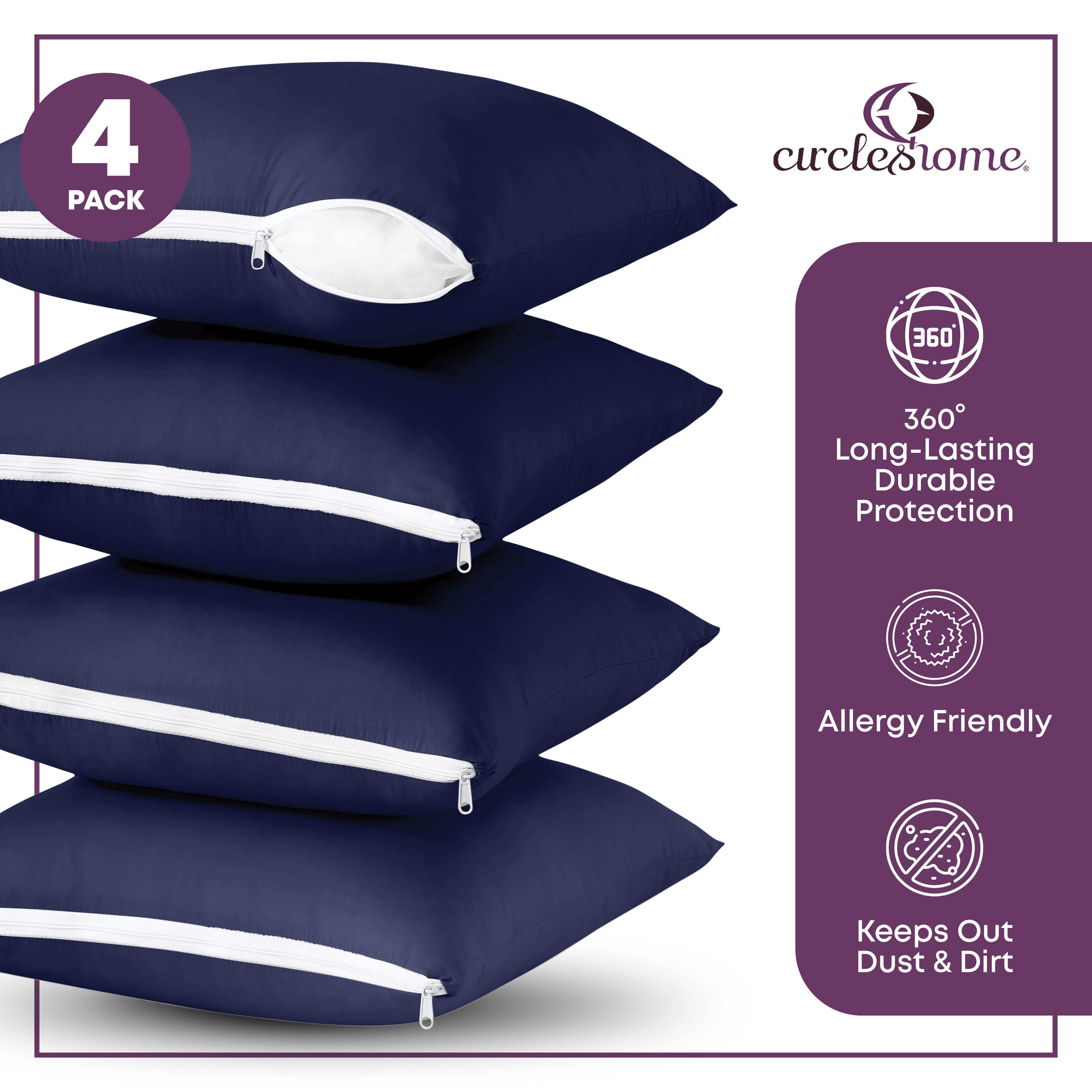 CIRCLESHOME Throw Pillow Protectors - 100% Cotton Breathable Pillowcases - 22 X 22 Square Pillowcases - Protects Pillows from Dirt, Dust and Debris (Square Pillow - 4 Pack- 22x22)