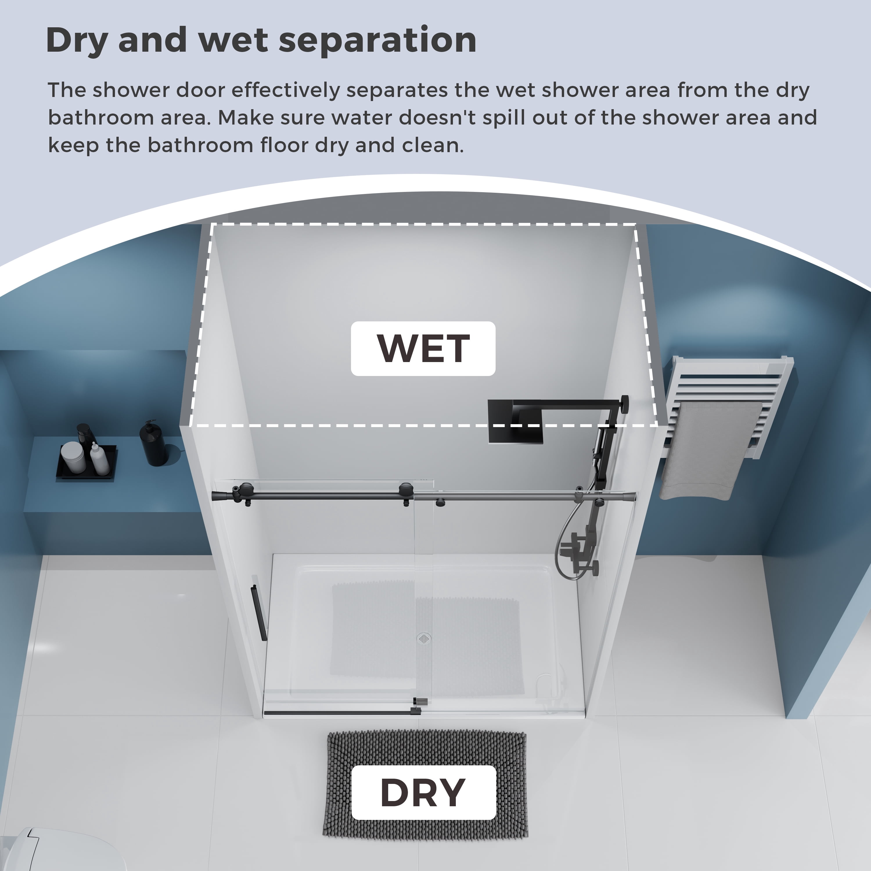 DELAVIN 56-60.in W x 75.in H Frameless Shower Door, Clear Tempered Glass, Stainless Steel Frame, Matte Black