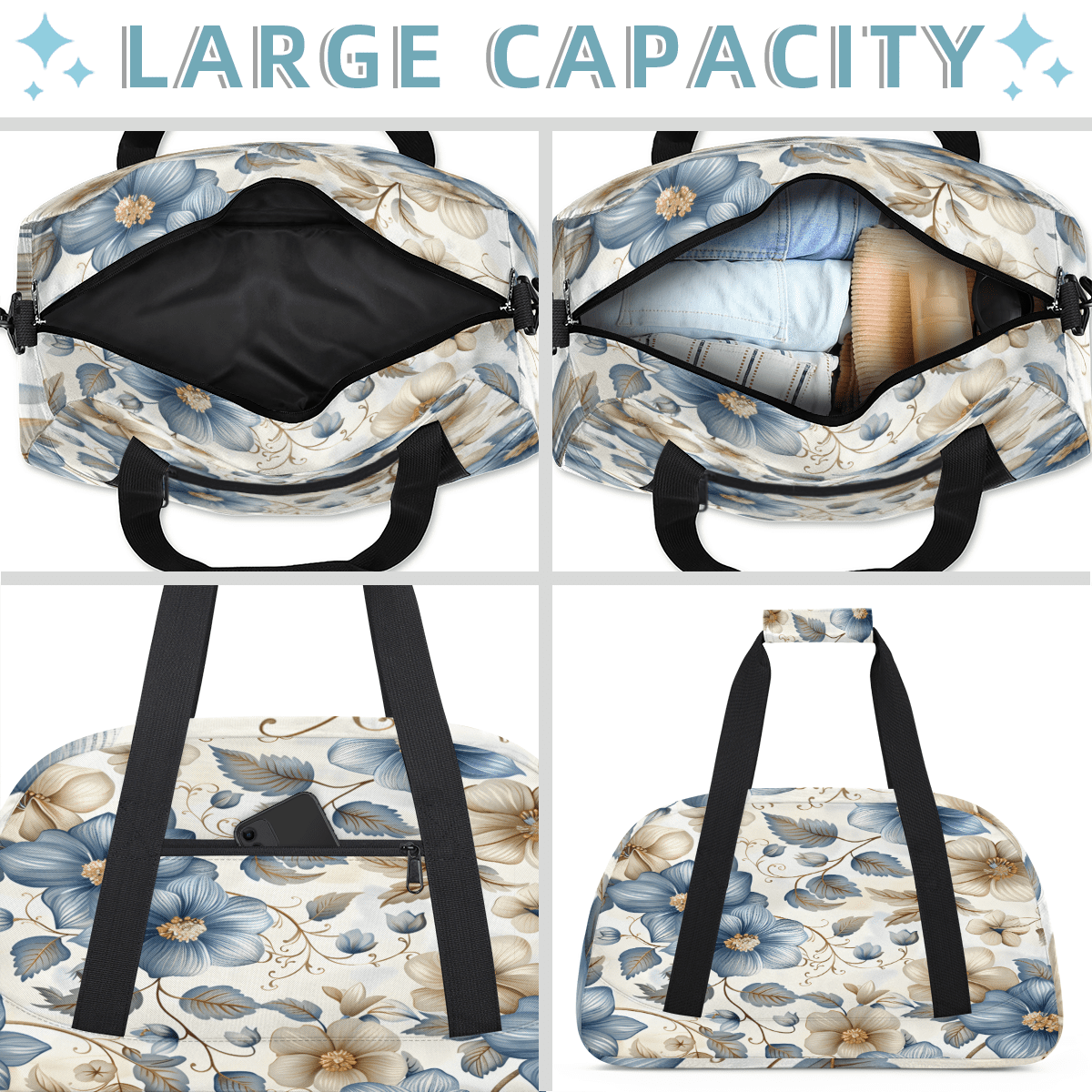 Herdesigns Boho Floral Sports Duffle Bag for Women & Men, Beige Blue Grey White Flower Gym Bag Dance Bag Overnight Bag Carry On Weekender Travel Bag