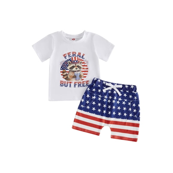 BemeyourBBs Toddler Baby Boy 4th of July Outfit Patriot Independent Day Clothes Cute American Flag Raccoon Short Sleeve T-shirt and Shorts Set Toddler Boy 2 Piece Summer Outfit