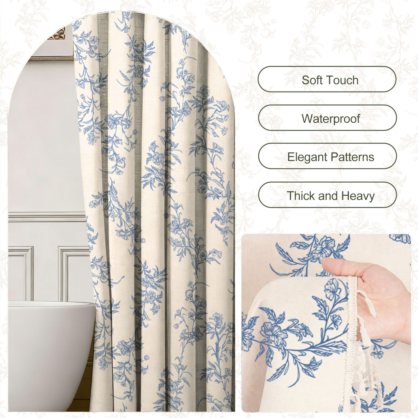 SANMADROLA Blue Floral Boho Shower Curtain, 72"x72", 12 Hooks photo 2