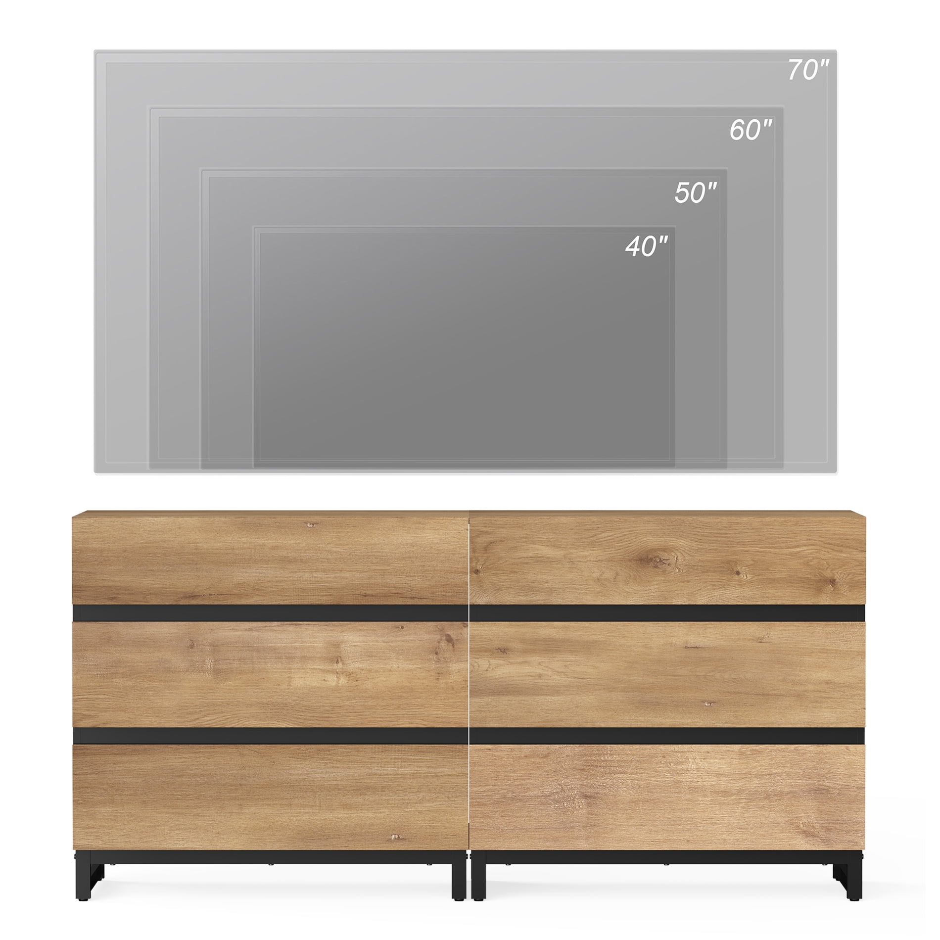 WAMPAT Modern TV Stand Fits up to 70" TV, Entertainment Center with 6 Drawers and Sturdy Metal Base, Media Console for Living Room & Bedroom, Oak