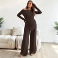 thumbnail image 5 of Jamicy Women's Maternity Clothes Solid Color 2 Piece Spring Outfits Off Shoulder Asymmetrical Top and Pants Matching Sets, 5 of 10