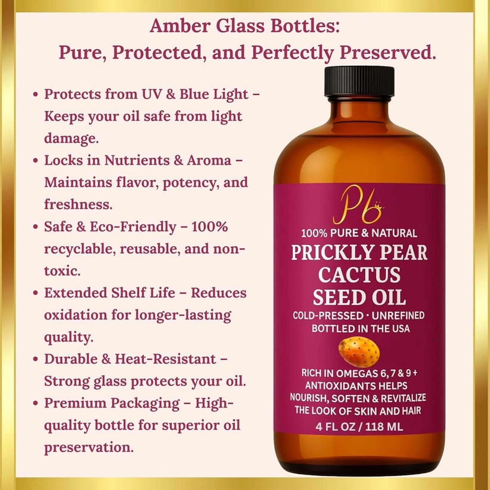 Pomberries Prickly Pear Seed Oil 4 fl oz | 100% Pure Cold-Pressed & Unrefined Prickly Pear Oil for Face, Skin & Hair – Lightweight, Radiance-Enhancing Oil in Glass Bottle