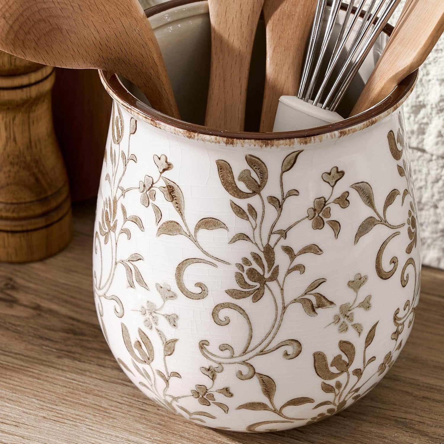 Ceramic Utensil Holder with Floral Pattern
