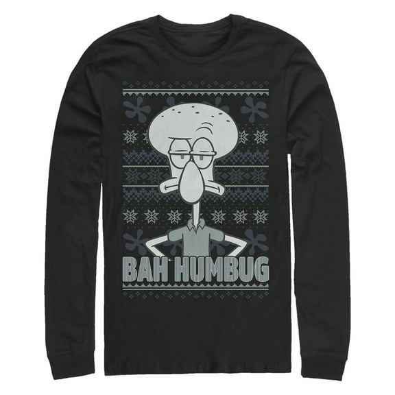 Men's SpongeBob SquarePants Ugly Christmas Sweater Print Squidward Bah Humbug Long Sleeve Shirt