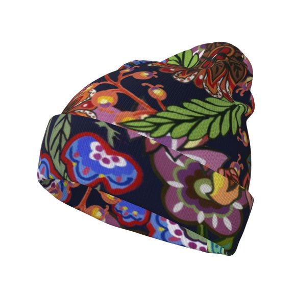 Lsque Vintage Floral Pattern Knitted Beanie, Unisex Winter Hat, Knit Hat Winter Beanies Thick Fisherman Beanies Cuffed Plain Skull Caps