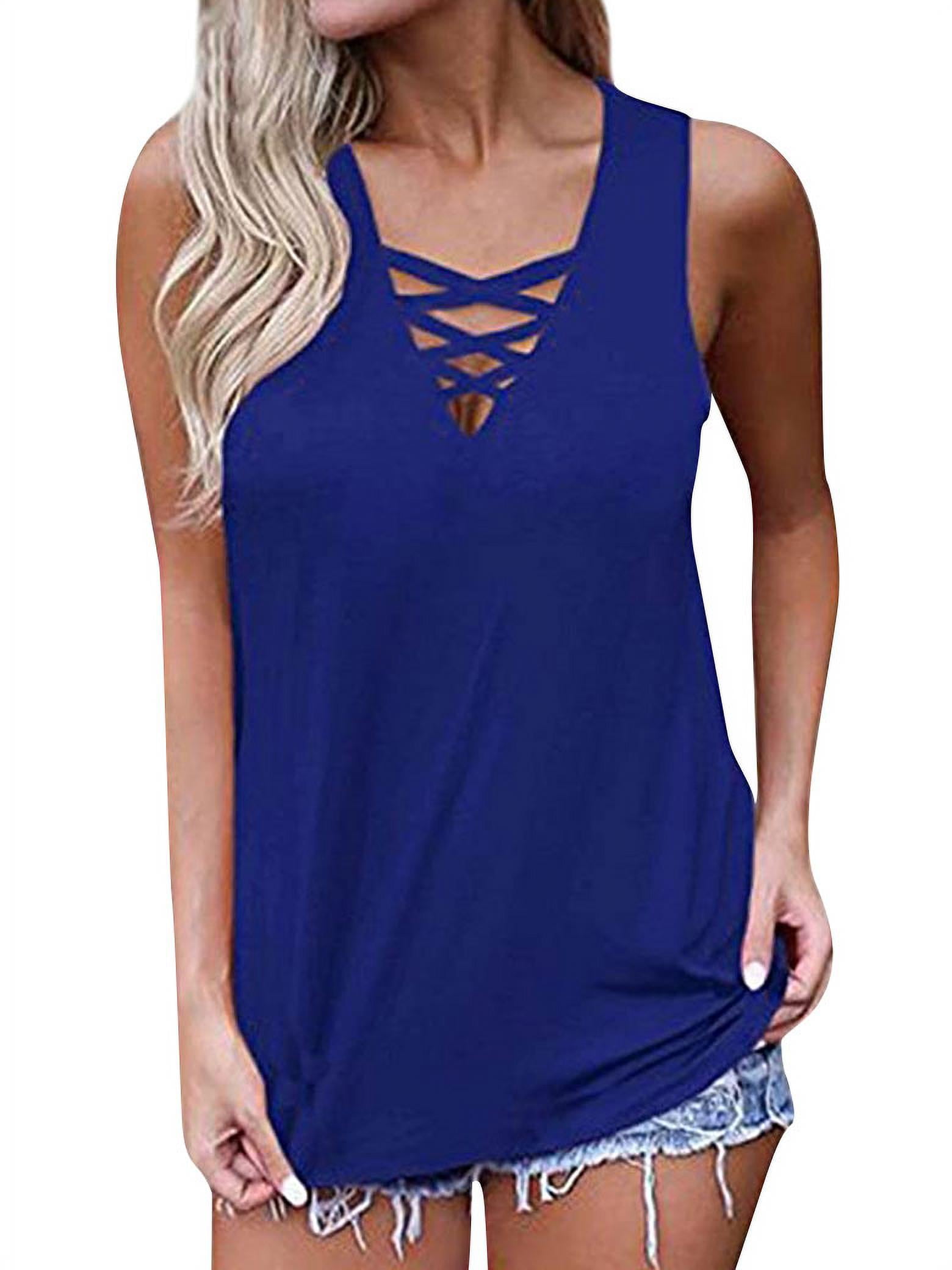Womens Ladies Solid Sleevless V-Neck Front Criss Cross Shirt Pullover Tops