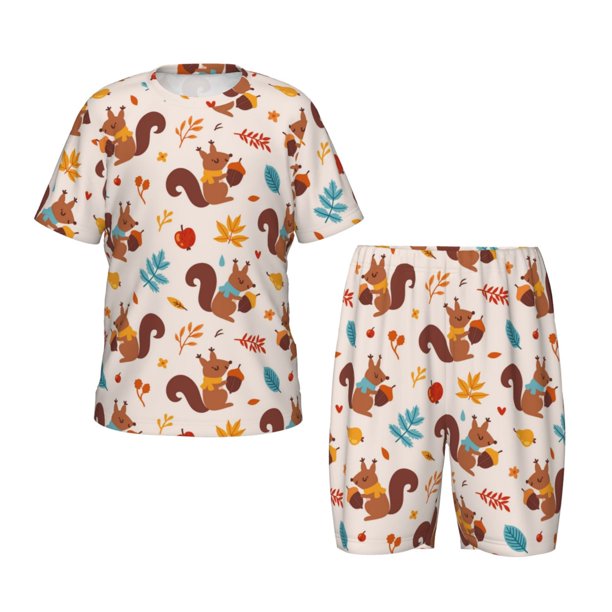 Balery Forest Squirrel Nuts Conjunto de Pijama Infantil de Manga Corta con Estampado – Ropa de Dormir de Algodón Suave-Large