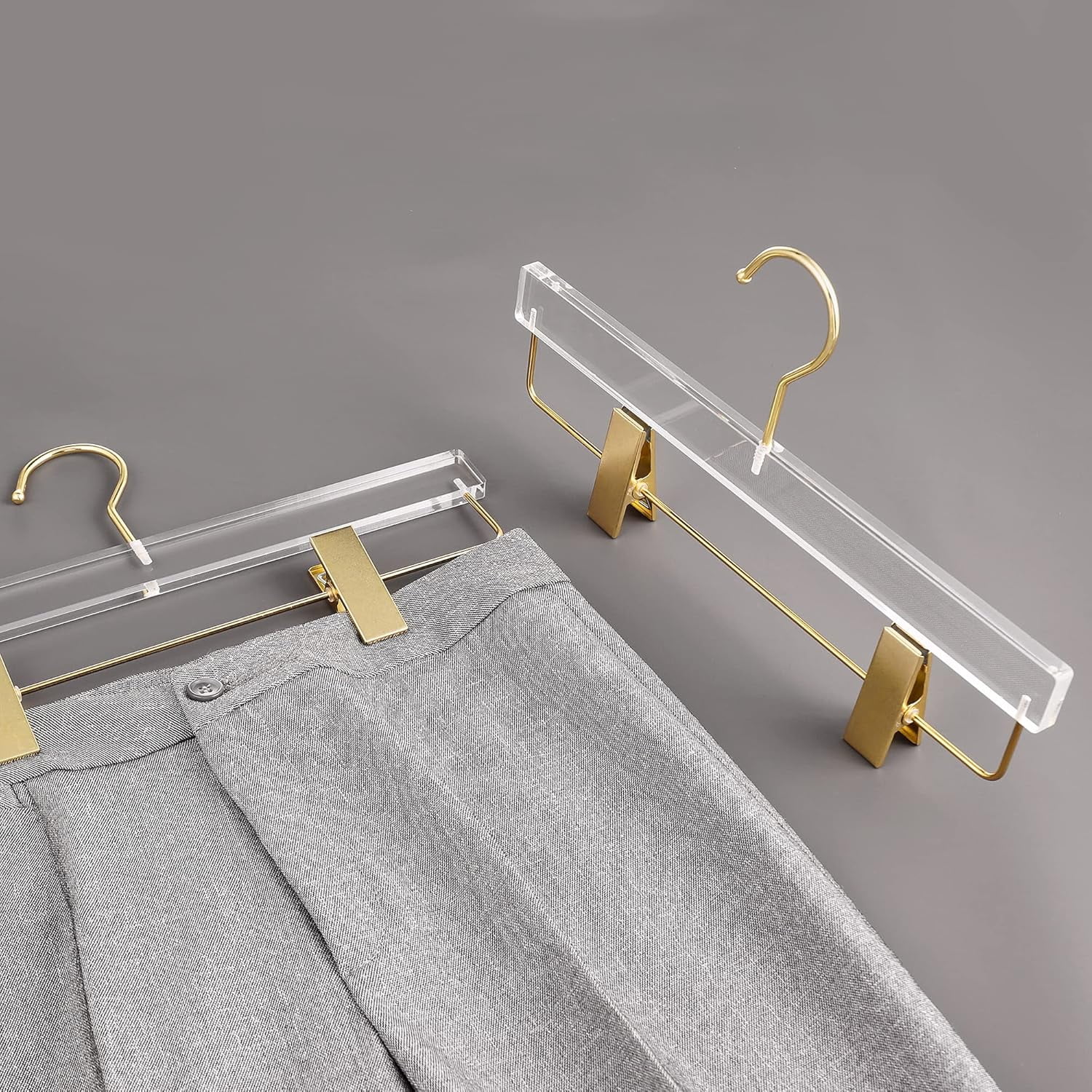 10 Pack Gold Acrylic Hangers,Clear Hangers with Gold Hooks,Luxurious Skirt Pants Hangers Gold Clips for Clothing Closet Storage
