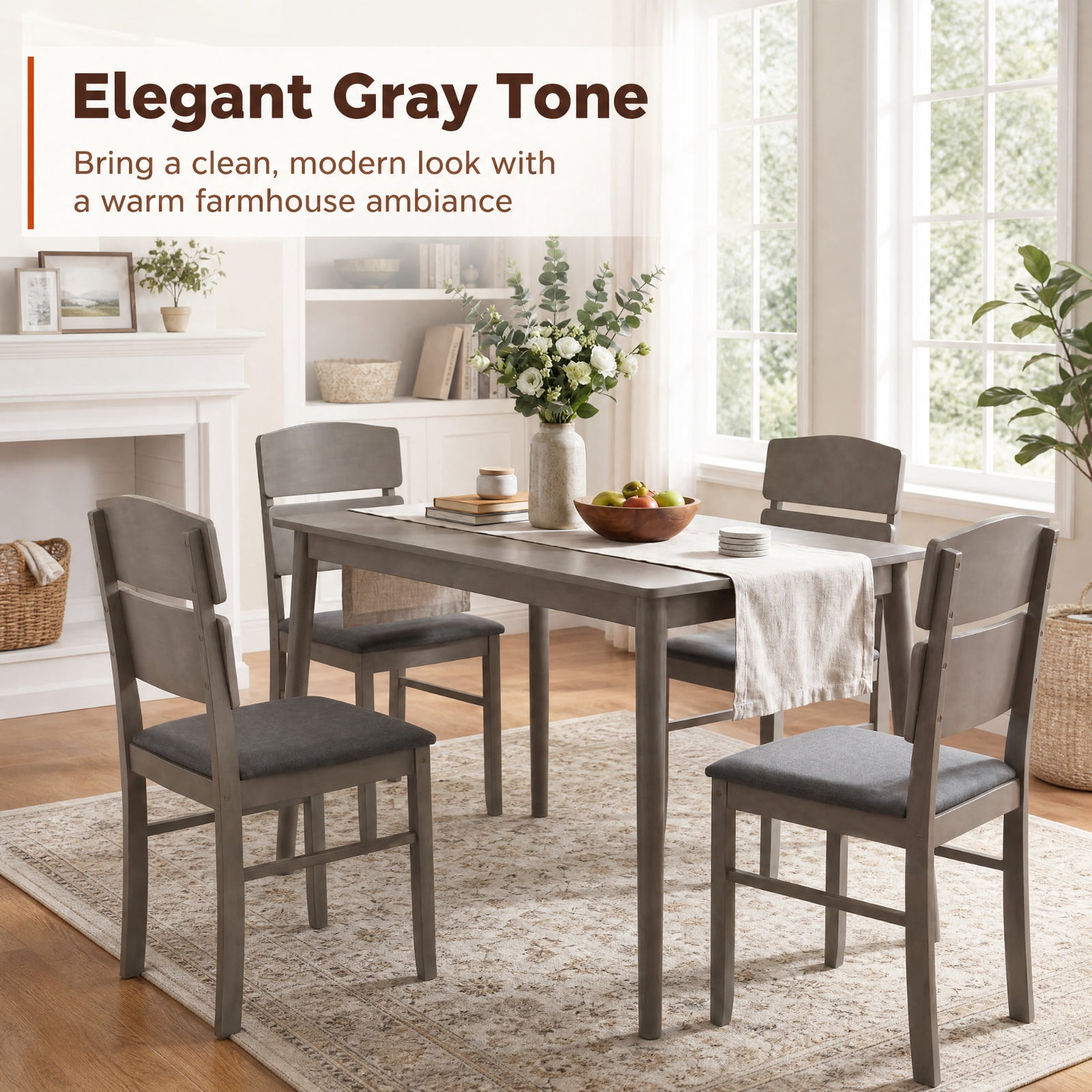Furnibear 5 Piece Dining Table Set for 4 with High Curved Back Upholstered Chairs and Rubber Wood Legs for Kitchen and Dining Room, Walnut
