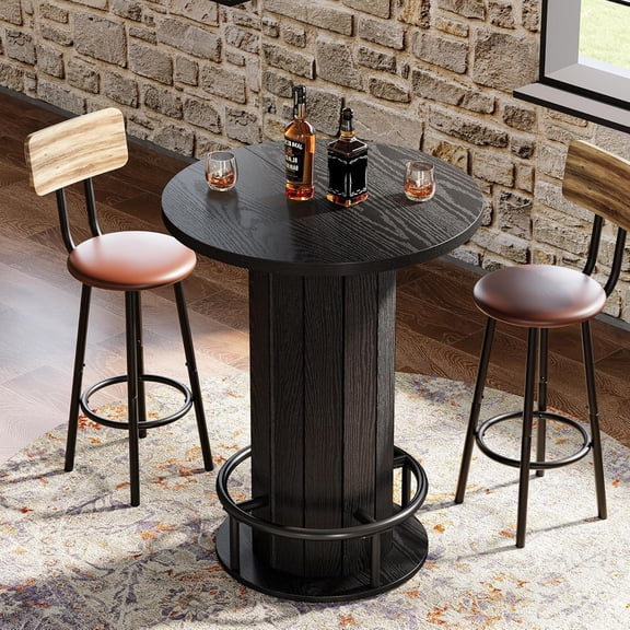 Finmind 39.4" Round Bar Table, Wood Bistro Pub Table with Metal Footrest, Black
