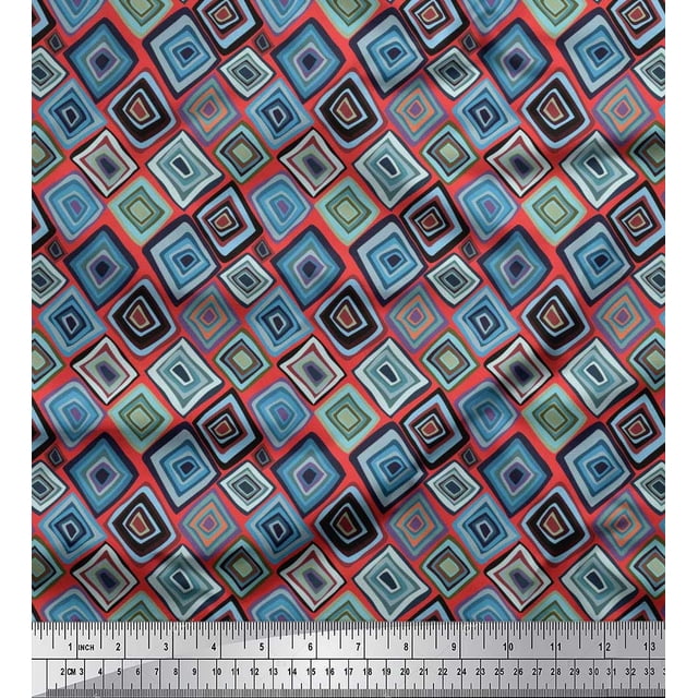 Soimoi polyester Crepe Fabric Square Geometric Print Fabric by Yard 42 Inch Wide