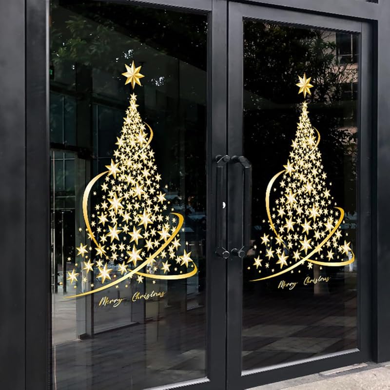 Golden Christmas Tree Window Clings Stickers for Glass, Large DIY Static Wall Window Door Mural Showcase Decal Sticker