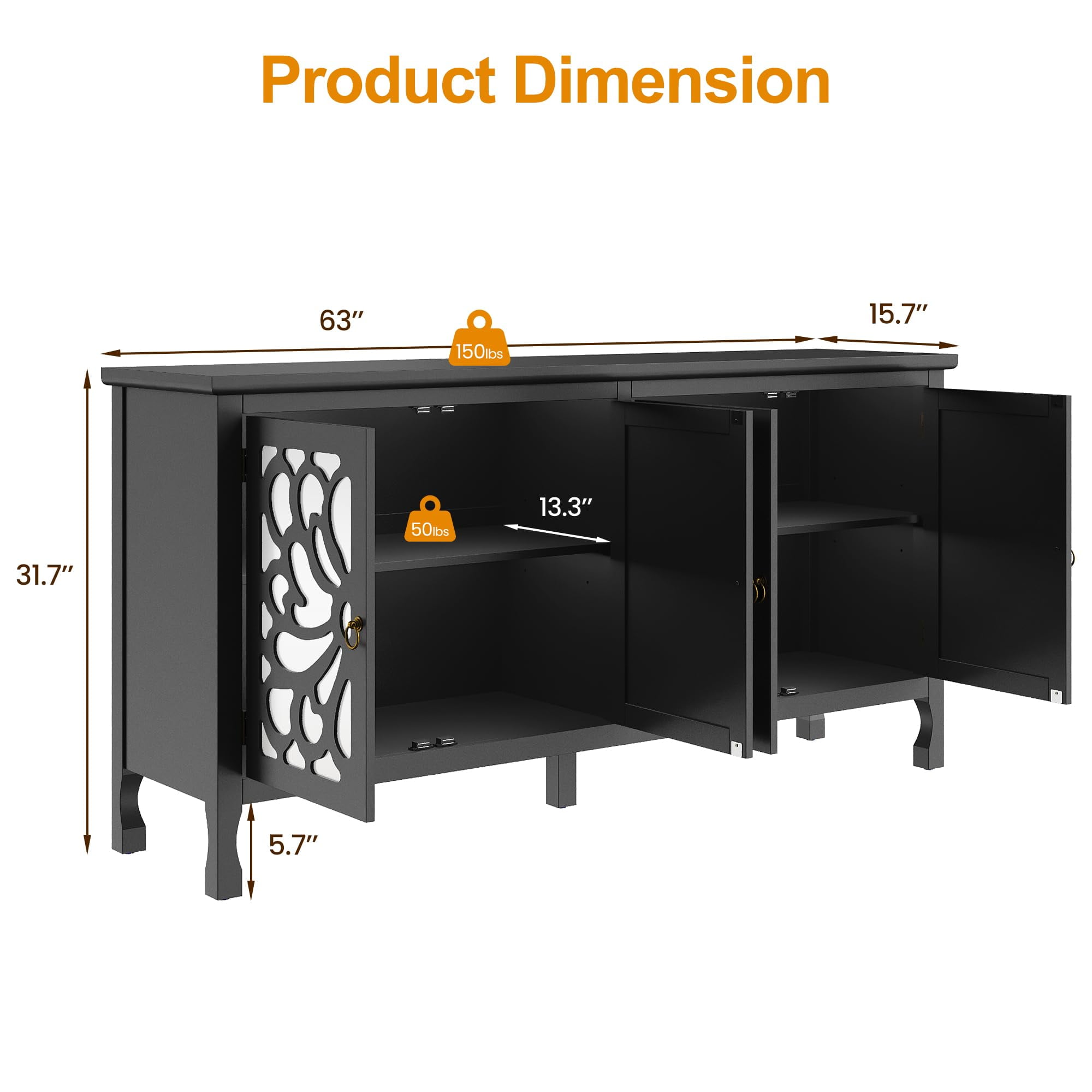 CozyHome 63" Carved Buffet Cabinet with Mirrored Door, Modern Console Cabinet with Storage and Adjustable Shelves, Wood Media Cabinet for Entryway, Living Room, Bedroom, Dining Room, Bathroom (Black)