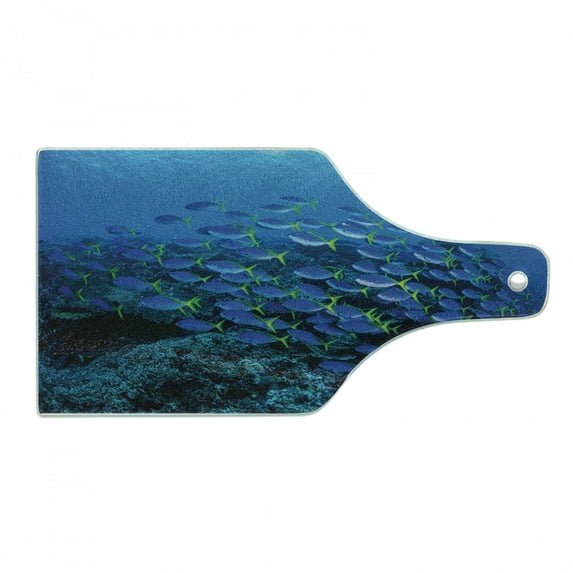 Fish Cutting Board, Shoal of Fish on Stony Plant Animals in Submarine and Sun Beams on the Surface Image, Tempered Glass Cutting and Serving Board, Wine Bottle Shape, Multicolor, by Ambesonne
