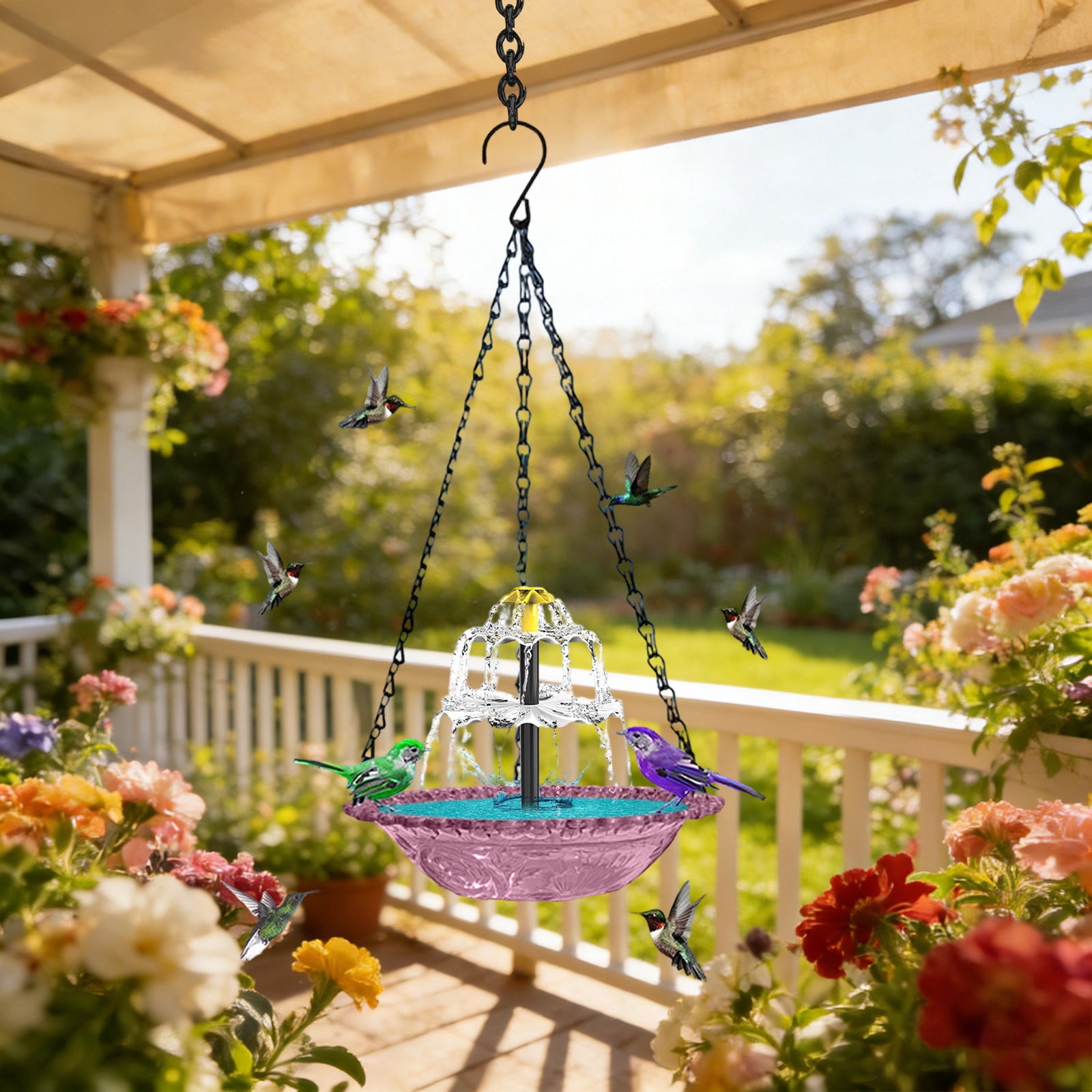 2026 New Solar Cascade Hanging Bird Bath Fountain, Outdoor Hanging Bird Bath with Solar Fountain, Large Humming Birds Baths Fountains, with Solars Pump & Glass Bowl, for Outdoor, Gardens - Purple