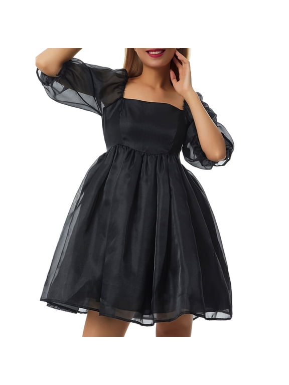 Women Puff Sleeve Tulle Dress Fairy Ruffle Flowy Mesh Princess Dress Flowy Bubble Skirt Mini Dress