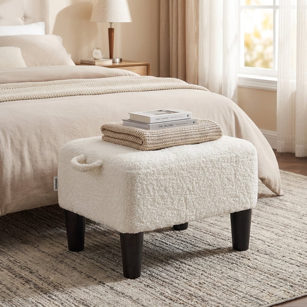 Ledrem Small Ottoman Foot Stool with Thick Cushion and Sturdy Angled Legs, White