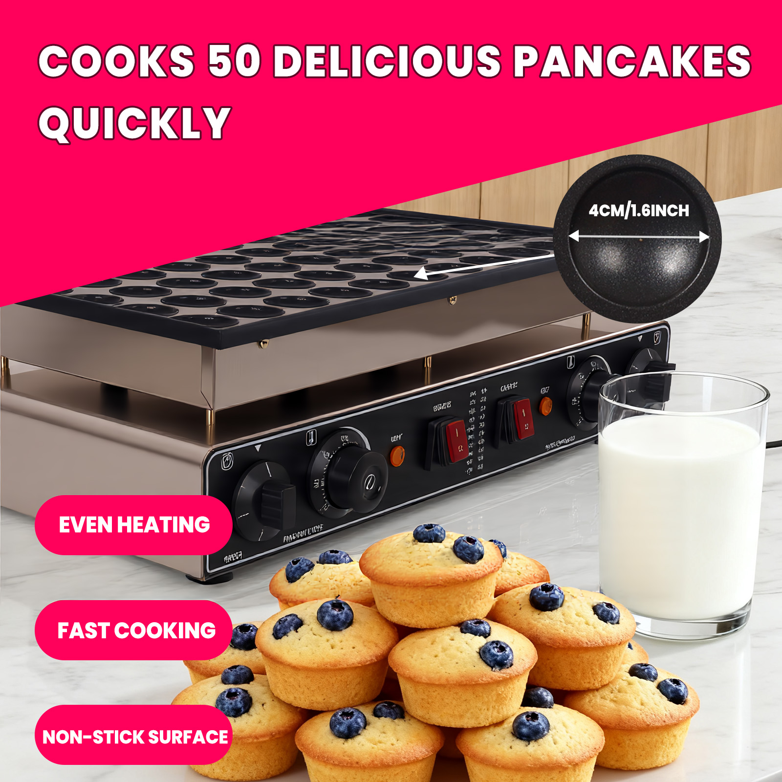 110V 1800W Mini Waffle & Pancake Maker, Commercial Poffertjes Electric Dorayaki Maker, Muffin Waffle Maker with Non-Stick Griddle for Breakfast & Snacks