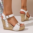 thumbnail image 3 of Womens Wedge Sandals Trendy Studded Buckle Strap Slingback Platform Heels Wedding Party Dressy Shoes Beige Size 8, 3 of 7