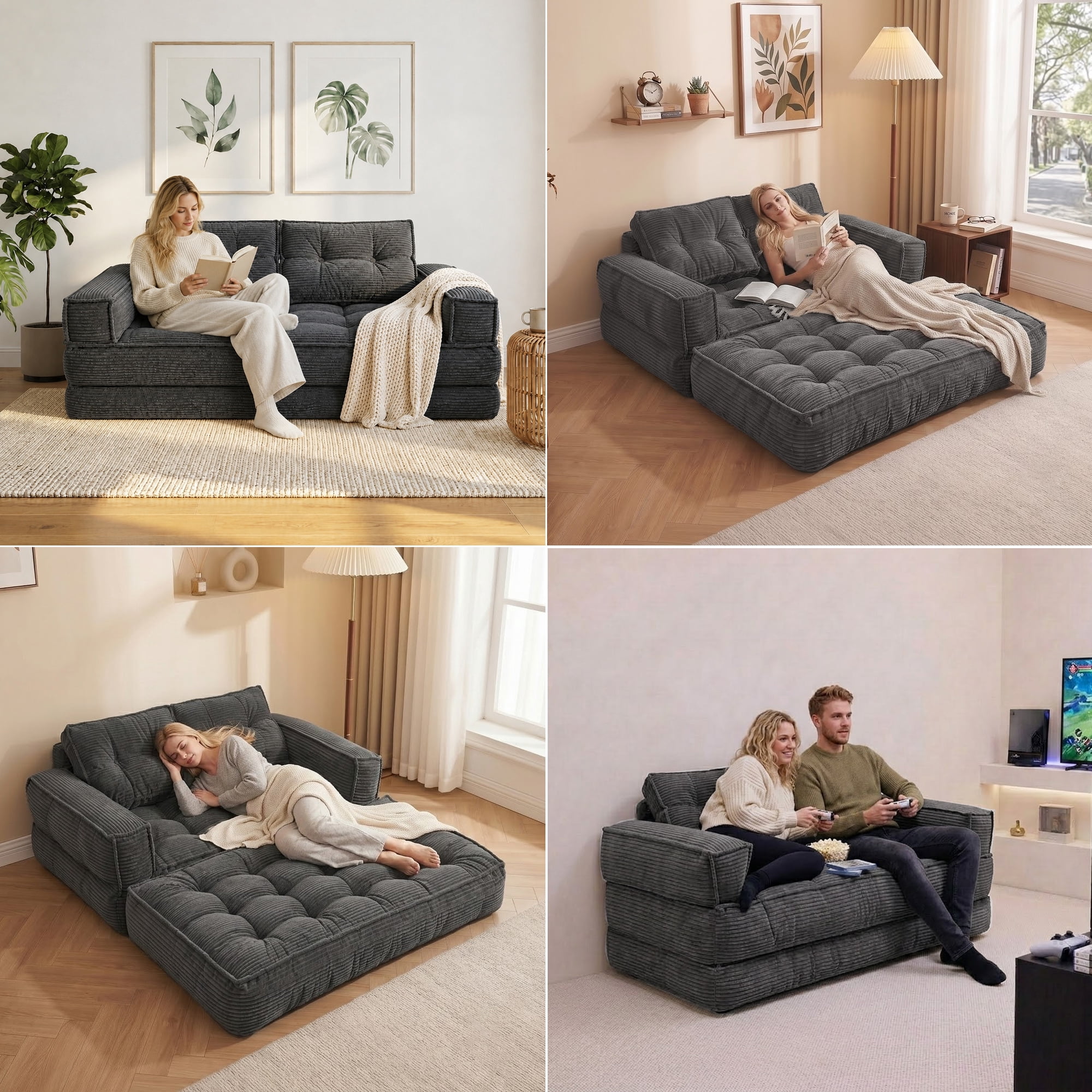 Leumius 2 Seater Modular Corduroy Sofa with Chaise Lounge,2-in-1 Boneless Convertible Floor Couch,Lazy Double Sofa with Armrest for Living Room Bedroom Apartment Game Guest Room,Dark Gray