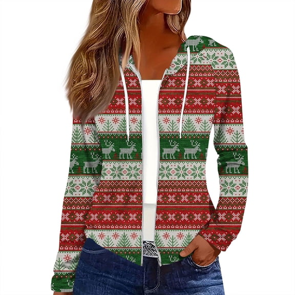 Women's Fashion Christmas Print Casual Zip-Up Long-Sleeve Hooded Jacket, for Outdoor Activities and Daily Use,Green,XL
