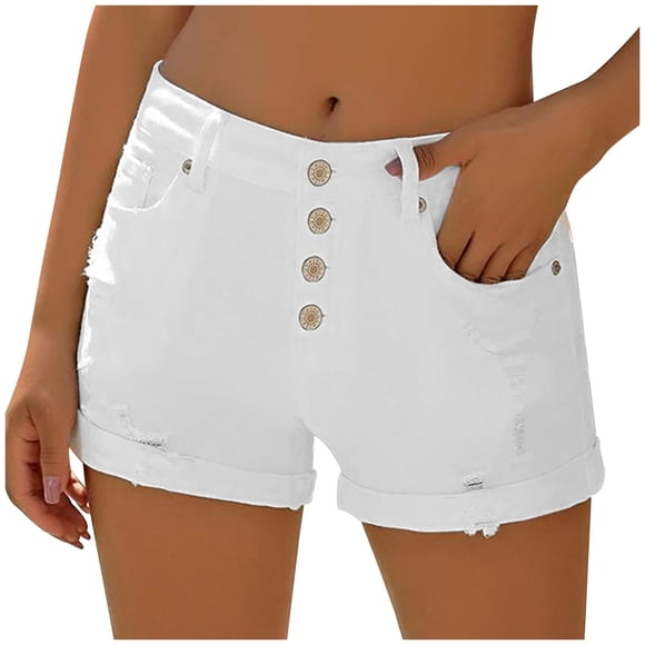 PEZHADA Women's Mid Waist Stretchy Denim Shorts, White