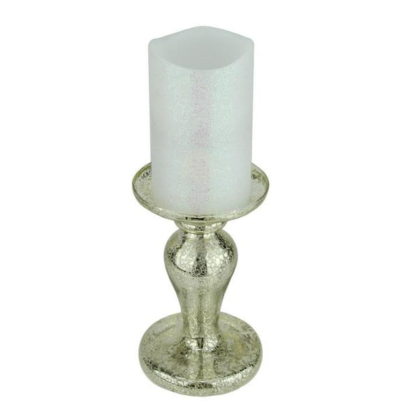 Roman 7" Battery Operated Iridescent White Flameless Pillar Candle with Silver Stand