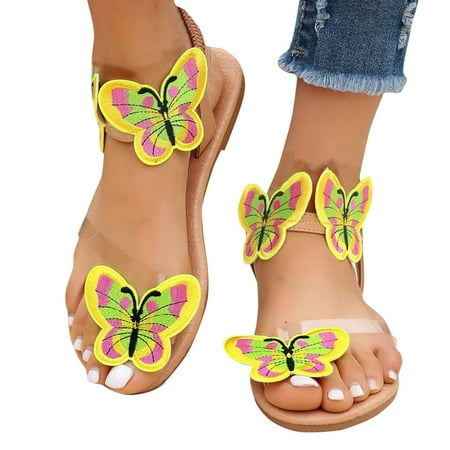 

Kayannuo Shoes for Women Clearance Summer Womens Fashion Oversized Flat Bottomed Sandals Yellow Butterflys Embroidery Decoration Beach Shoe Cover Toe Sandals