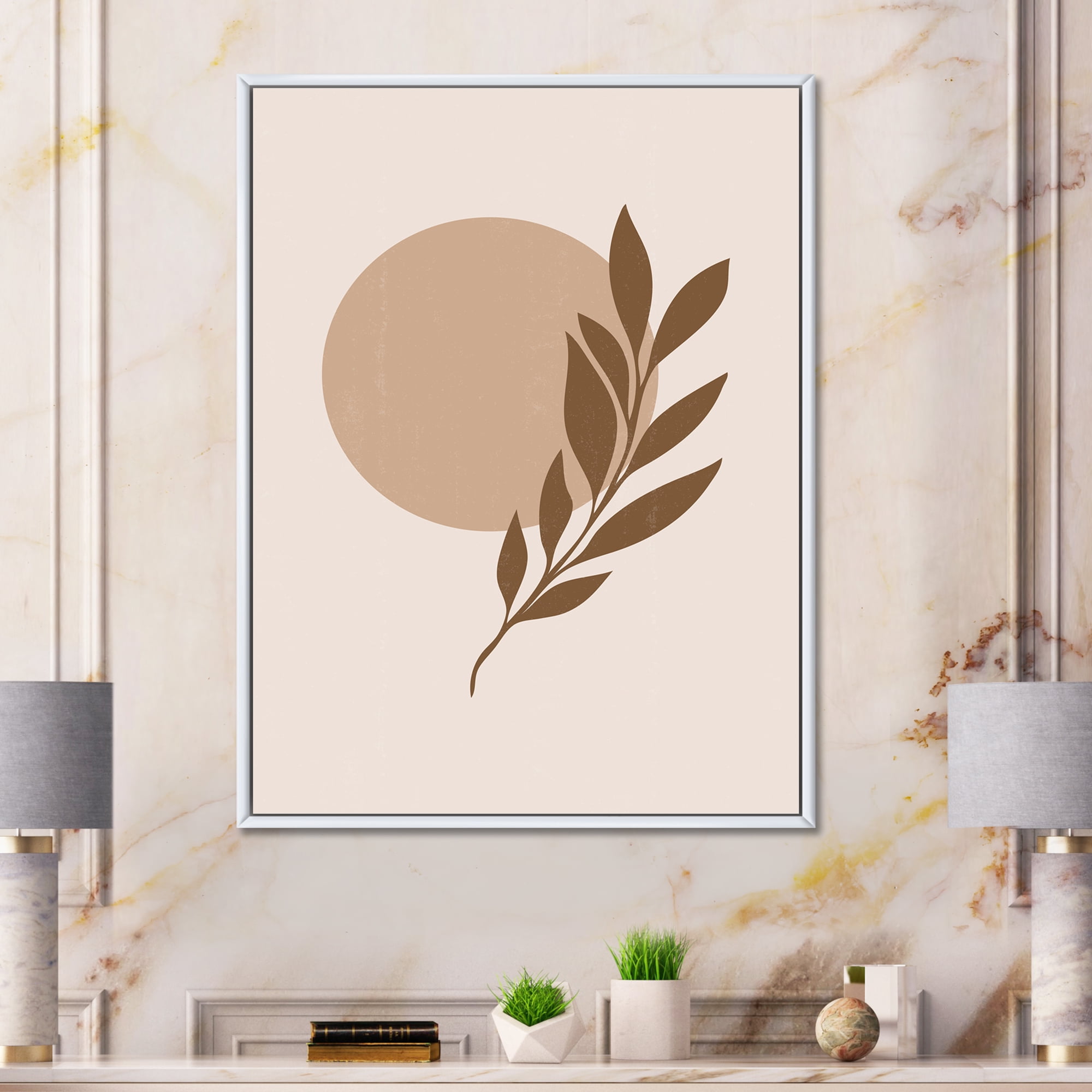 Designart 'Abstract Terracotta Moon and Sun With Tropical Leaf' Modern Framed Canvas Wall Art Print