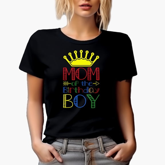 Mom of the Birthday Boy, Mother of a Bday Boy, Black T-Shirt, Small