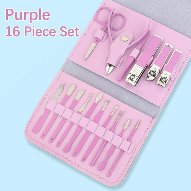 Cortauñas 16 piezas/juego. Set de cortauñas, herramienta de maquillaje y belleza. Incluye estuche plegable y kit de cortauñas de acero inoxidable.