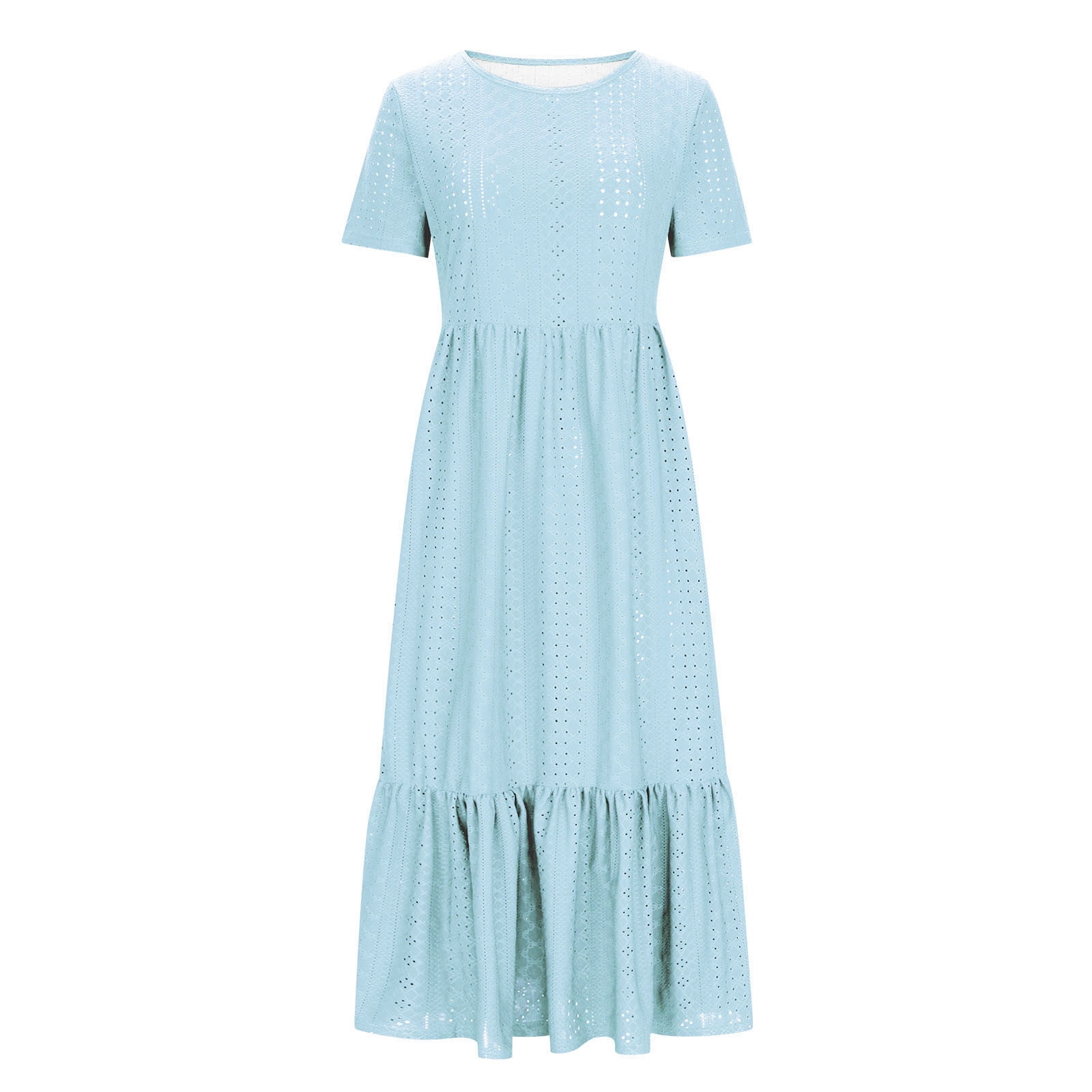 Sentmoon Long Dress Regular Fit Trendy Summer 2026 Solid Color Boho Dresses for Women Short Sleeve Crew Neck Casual Breathable Maxi Dresses for Business and Casual Blue XXL