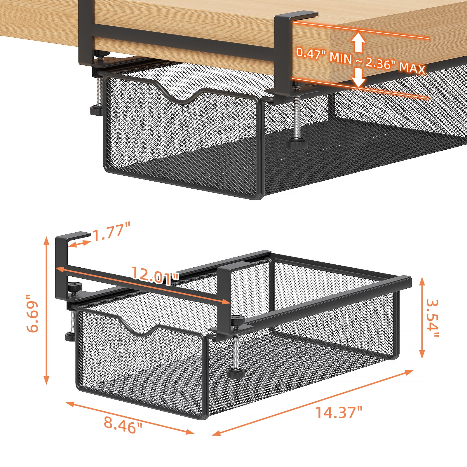 Mintazer Under Desk Organizer Clamp-On Metal Large Under Table Storage Slide Out Caddy Drawer for Home & Office, Black