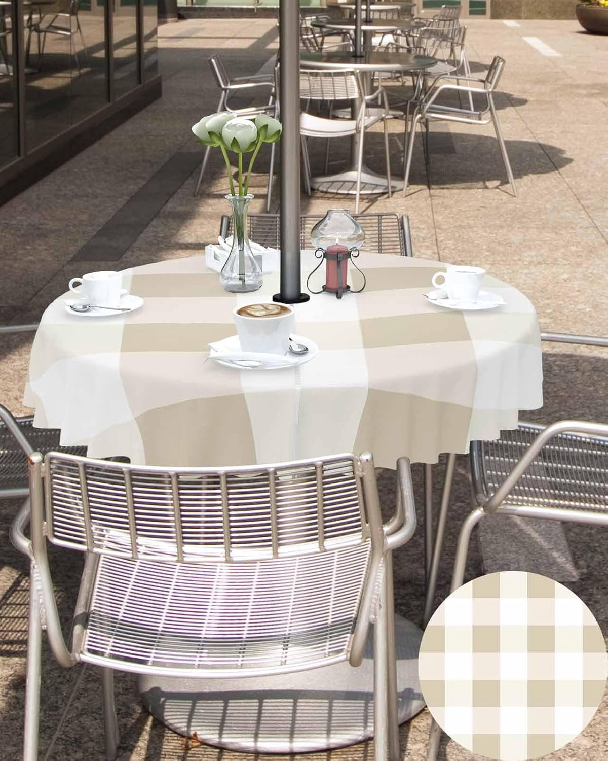 Outdoor Round Tablecloth with Umbrella Hole and Zipper, Beige Plaid Waterproof Table Cover, Spring Summer Farmhouse Buffalo Checkered Washable Patio Tablecloths for Party/Garden/Picnic, 60 inch