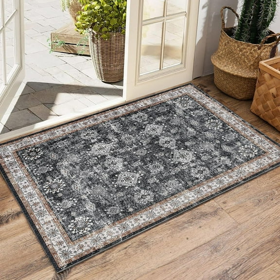 4x6FT Area Rug - Machine Washable Floral Carpet, Non-Slip Low Pile Rug for Living Room Bedroom Dining Room, Stain Resistant and Pet Friendly Black
