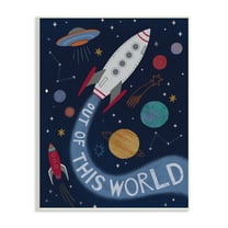 Stupell Industries Out Of This World Text Flying Rocket Ship Galaxy Wood Wall Art, 13 x 19, Design by Nina Seven