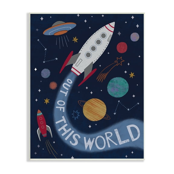 Stupell Industries Out Of This World Text Flying Rocket Ship Galaxy Wood Wall Art, 13 x 19, Design by Nina Seven