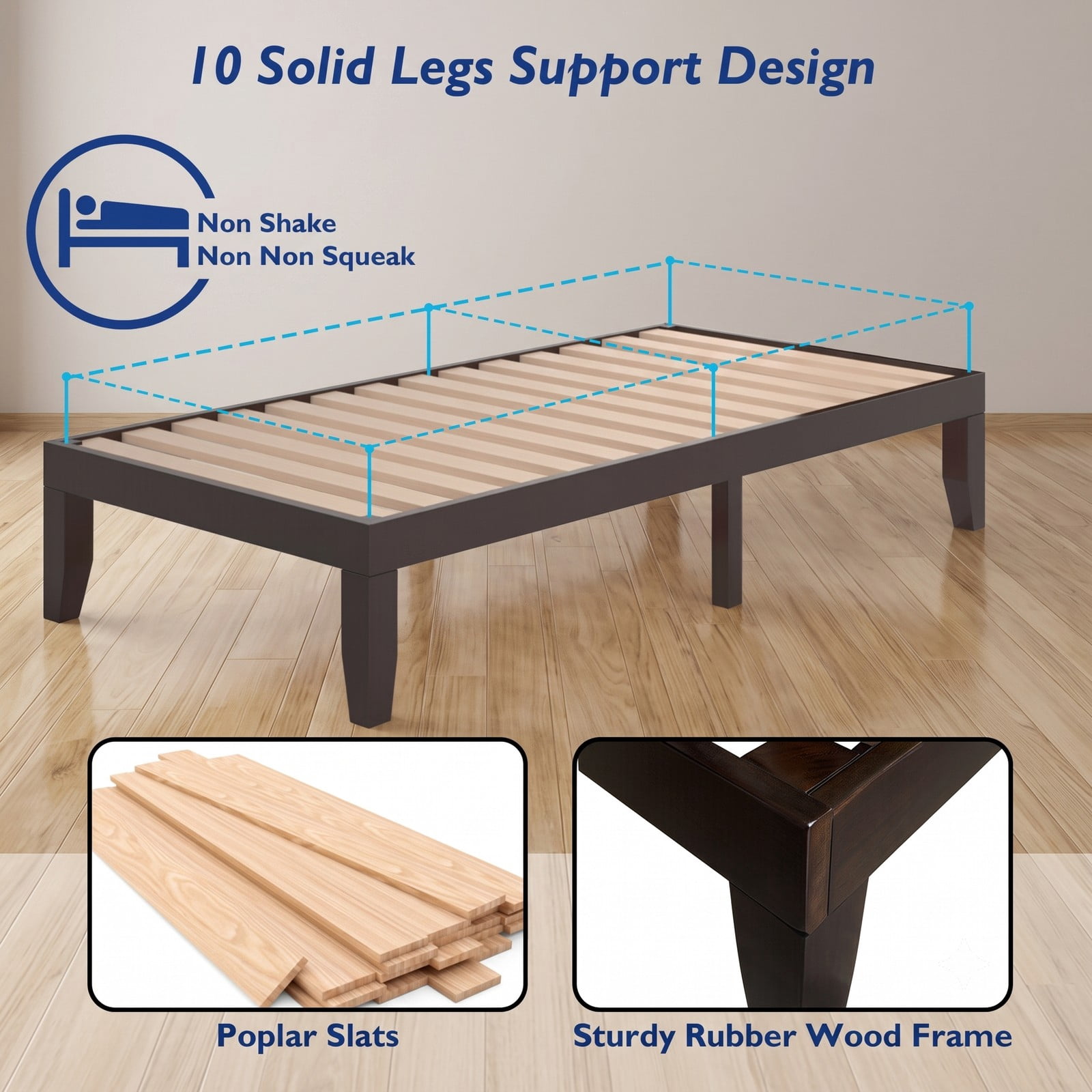 Furnibear Twin Bed Frame, 14 Inch Solid Wood Platform Bed with 14 Wooden Slats and Under-Bed Storage, No Box Spring Needed, Espresso