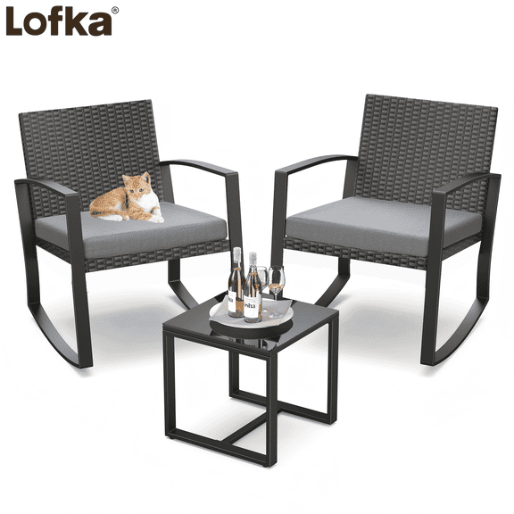 Patio Furniture Set Lofka 3 Pieces Outdoor Rocking Chairs Set with Glass Coffee Table for Garden, Bistro, Porch, Balcony, Backyard, Gray Cushion