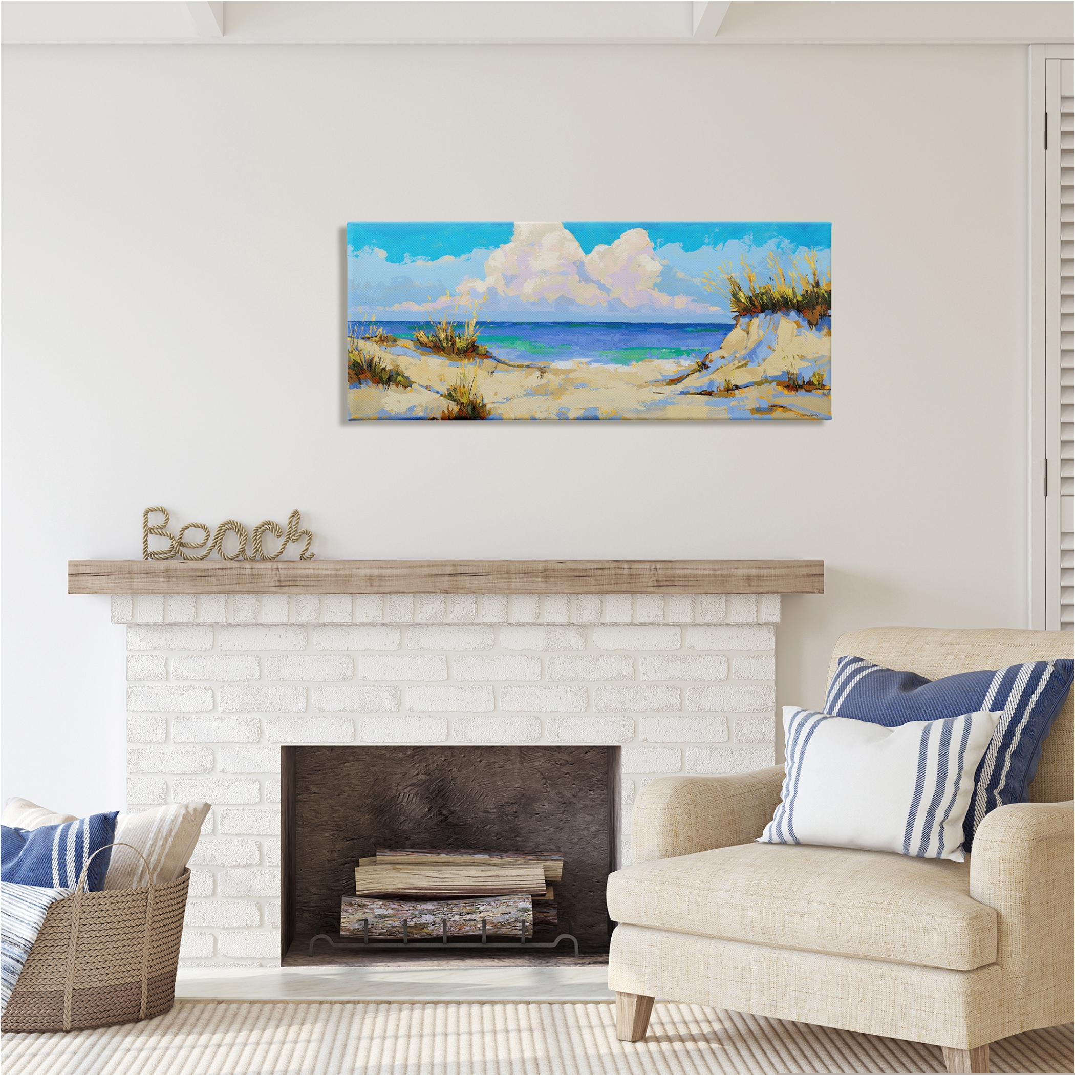 Stupell Industries Modern Cloudy Beach Nature Painting Gallery Wrapped Canvas Print Wall Art, 48 x 20