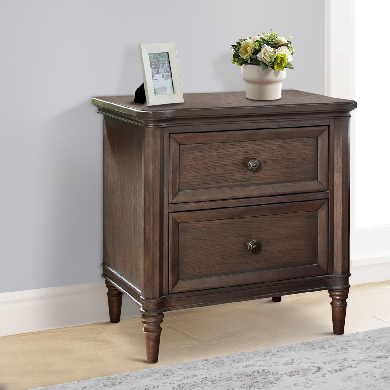 28 Inch Vin Solid Oak Wood 2 Drawer Nightstand Turned Legs Roast