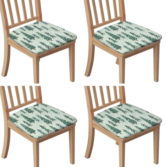 Light Green Christmas Tree and Snow Seat Covers for Dining Room Chairs Set Of 4,Stretch Printed Washable Chair Seat Cover with Elastic Ties and Button,Removable Waterproof Couch Cushion Covers