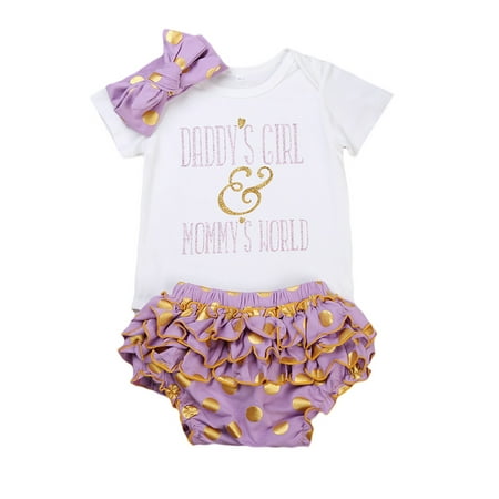 

Newborn Baby Girl Outfit Short Sleeve Letter Romper Ruffles Bloomers Shorts Headband Clothes Set