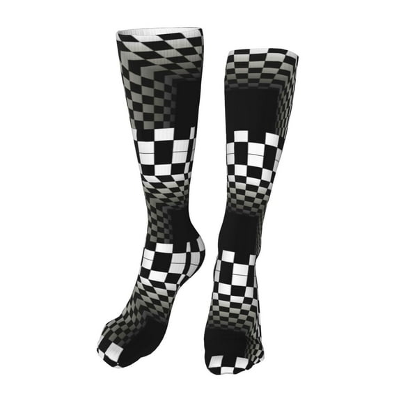 KLL 3d Black and White Checkerboard Tunnel Print Cool Socks Men's Women's Crew Socks Funny Crazy Novelty Stockings