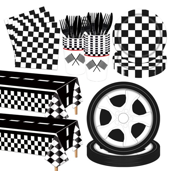 Poqirzan Ensemble de Vaisselle de Fête Voiture de Course 146 Pcs Assiettes et Serviettes Voiture de Course Fournitures de Fête Décorations de Fête d'Anniversaire Voiture de Course à Damier Noir et Blanc Nappe Voiture Assiettes en Papier Sieste